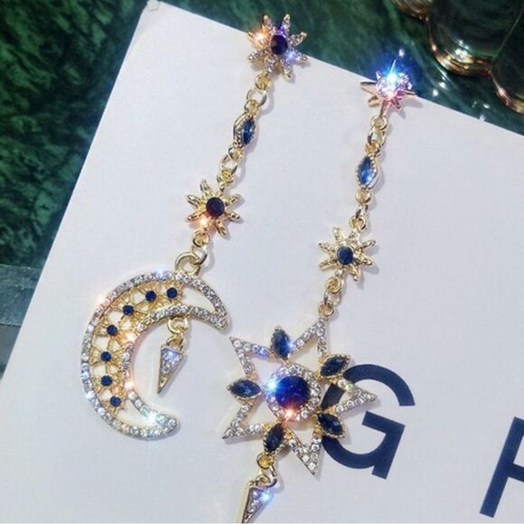 Asymmetrical Gold and Blue Moon Star Celestial Earrings - Picture 2 of 2